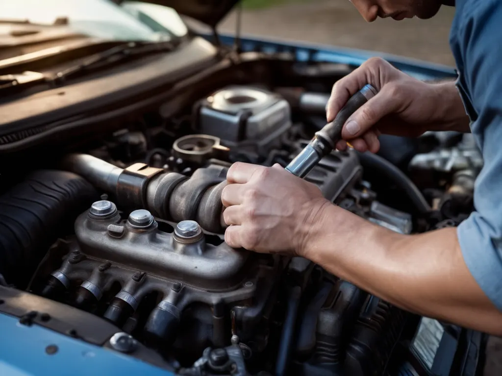Mechanic working on car engine close-up
