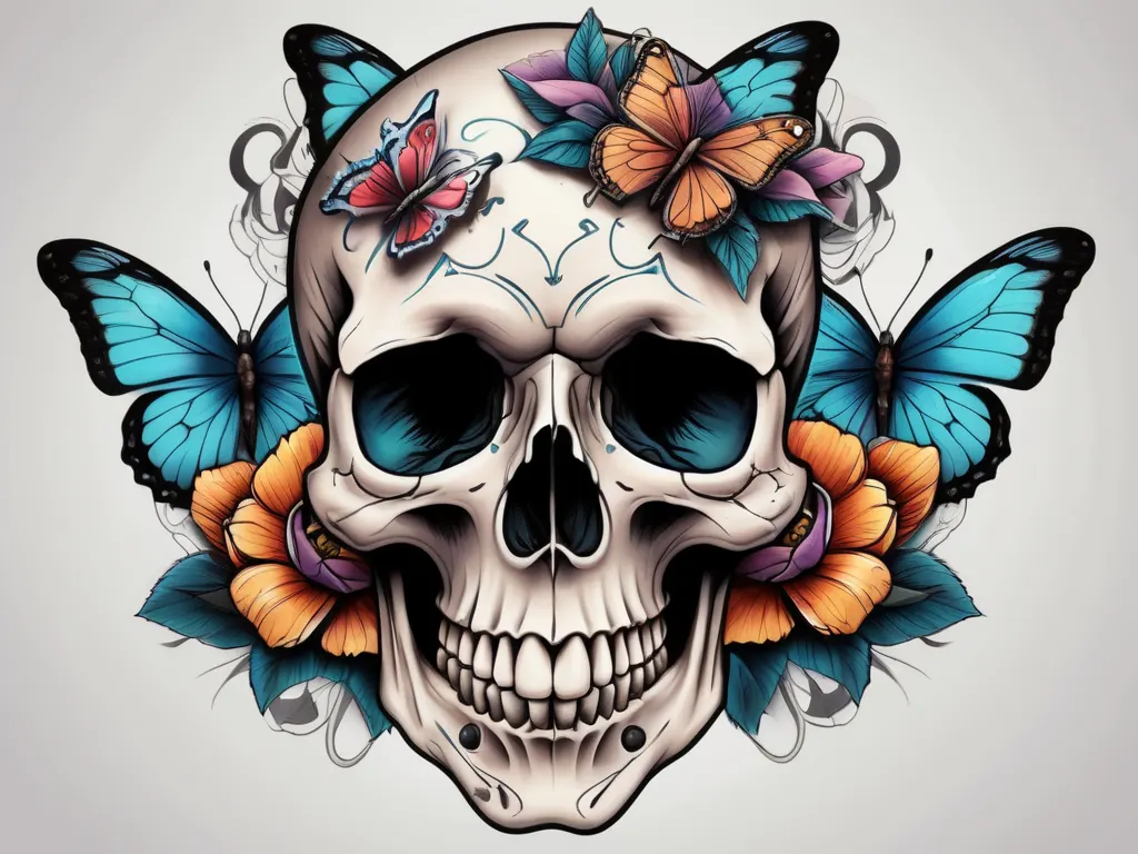 Neo-traditional skull and flowers tattoo