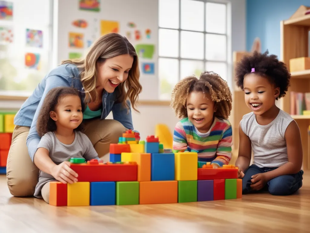 Teacher and children playing with blocks in daycare