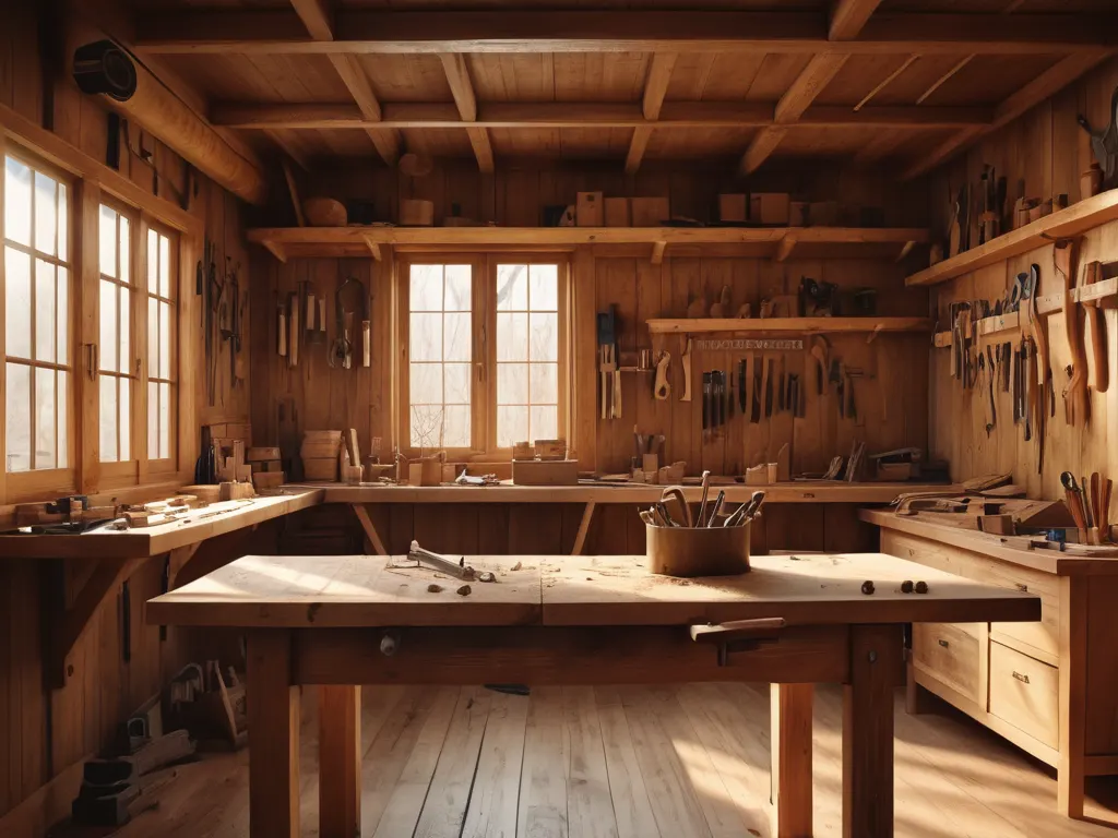 Woodworking workshop interior with tools and workbench