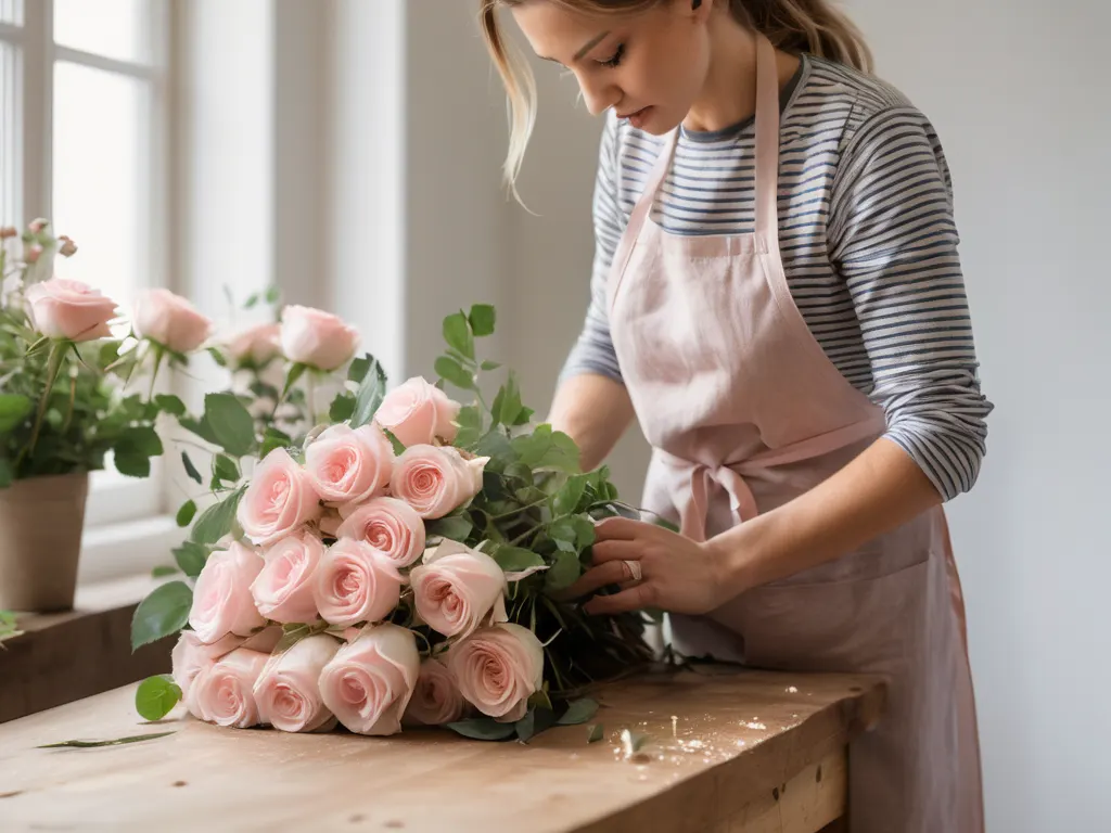Florist crafting hand-tied bouquet