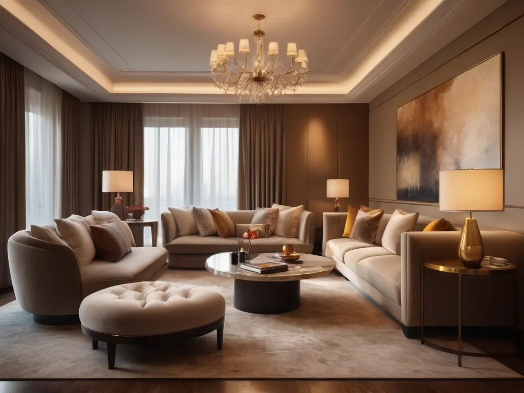 Elegant hotel suite living area with plush sofa