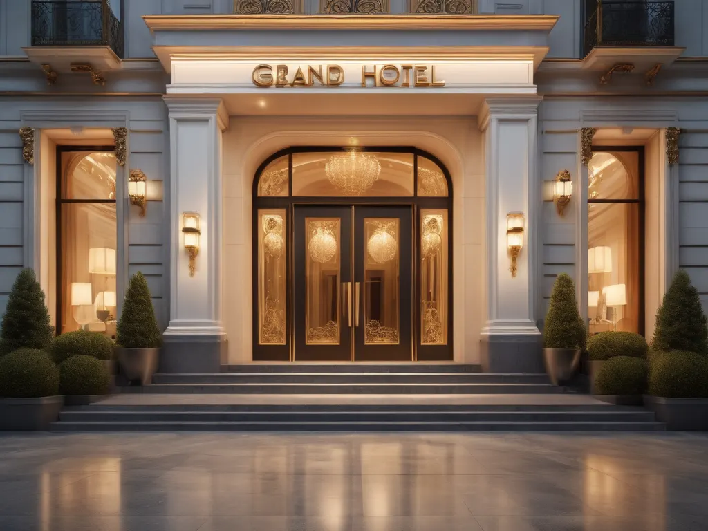 Grand luxury hotel exterior with impressive architecture