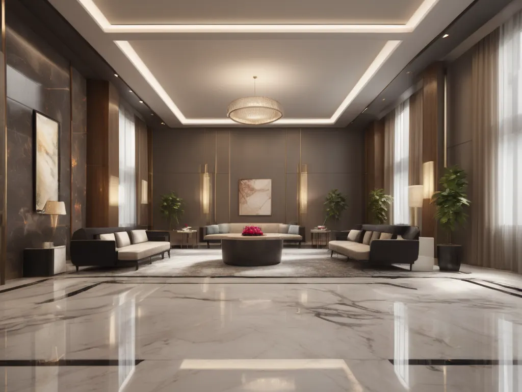 Modern hotel lobby with sleek furniture and marble floors