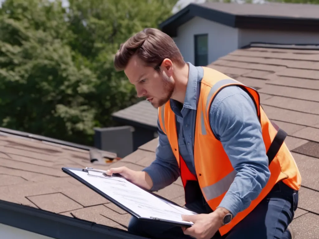Professional roofer conducting roof inspection