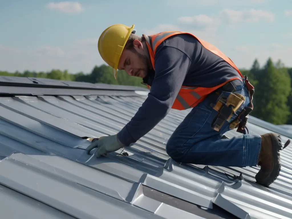 Professional roofer installing metal roofing panels