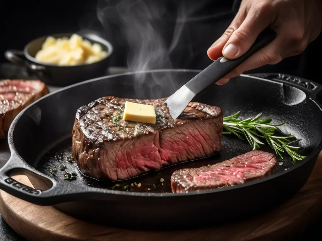 Steak cooking in pan