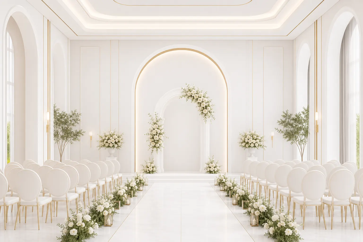 Beautiful minimal vector drawing of a luxury wedding venue hall with white arch and chairs