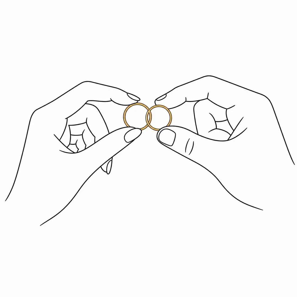 Hands holding wedding gold rings, outline vector illustration