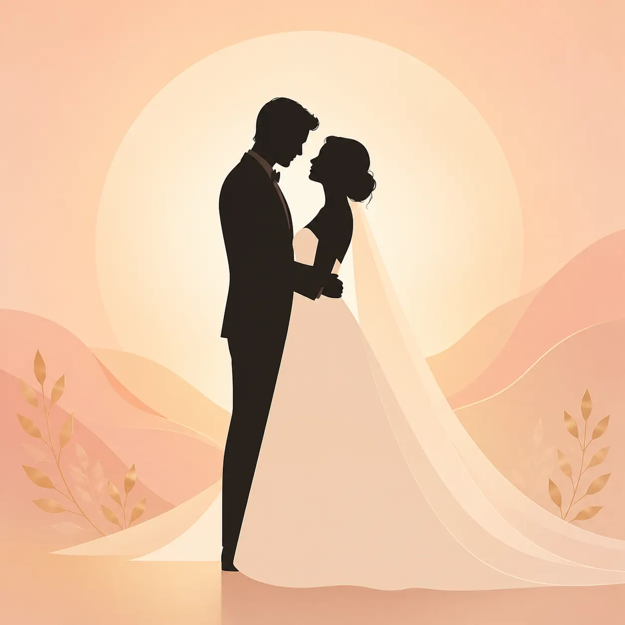 Minimal silhouette vector illustration of bride and groom gazing at each other, warm aesthetic background