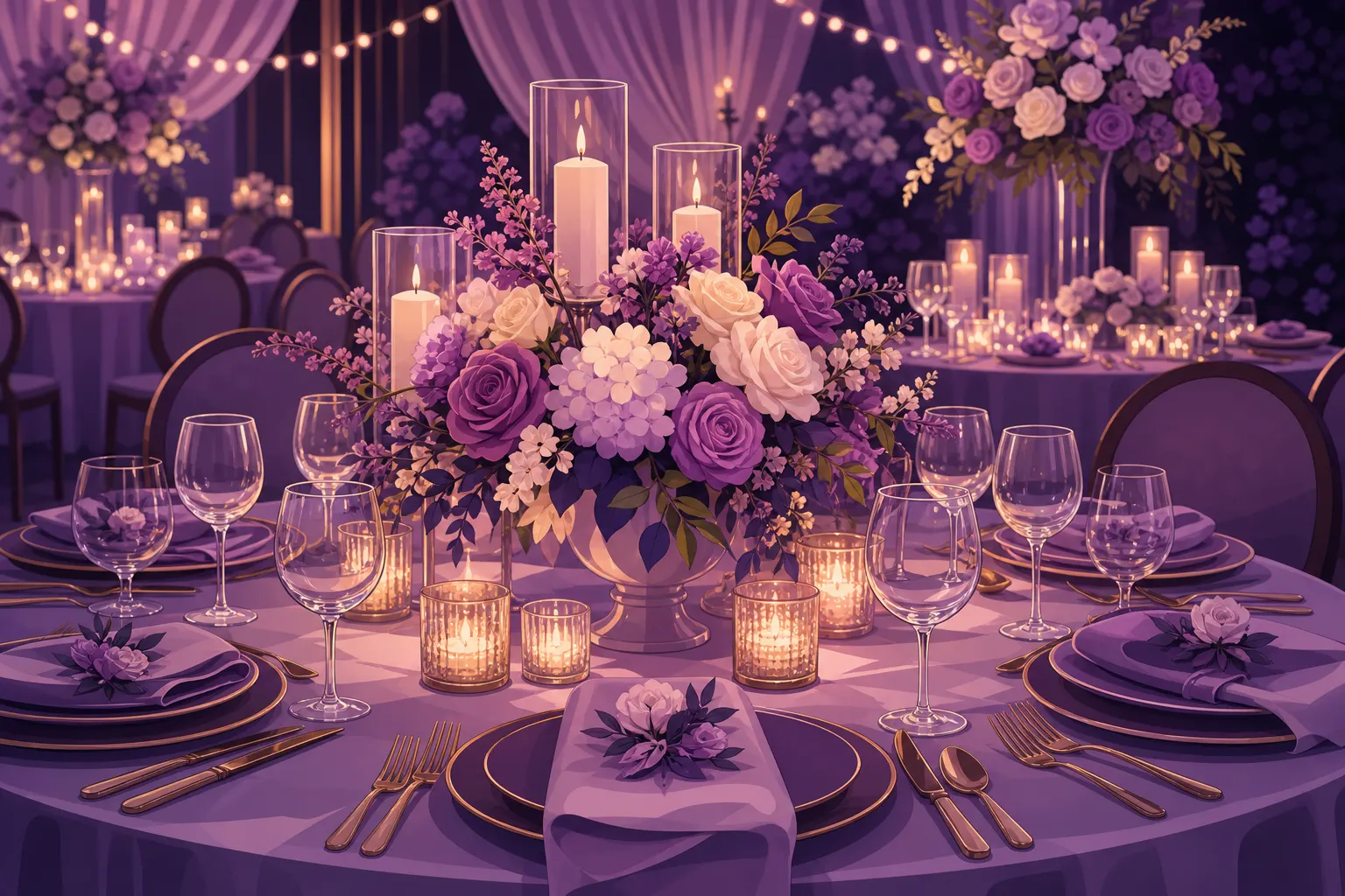 Beautiful wedding dinner reception table setup, luxury glowing candles, vector flat art in purple theme