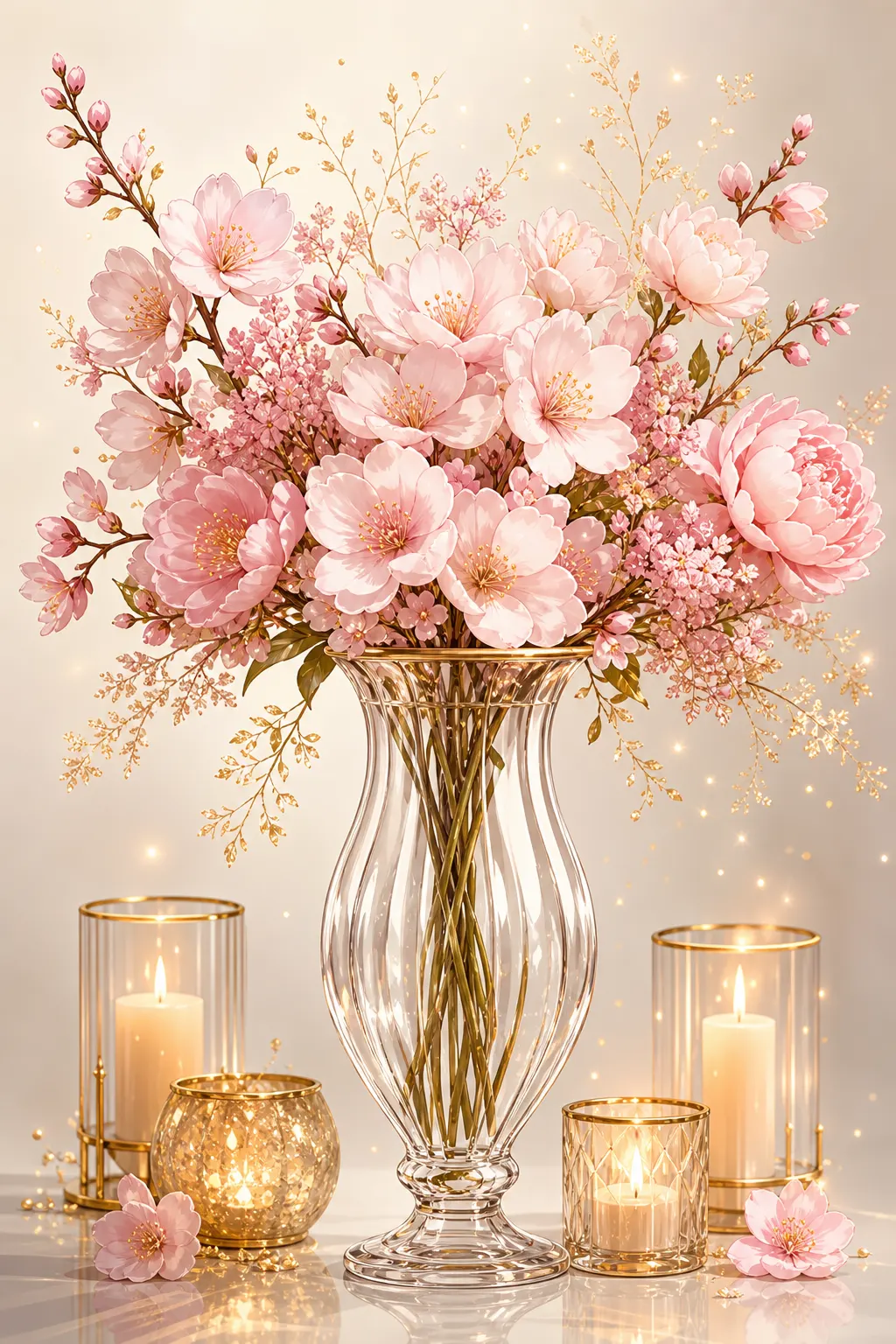Tall elegant glass vase with pink blossoms and candle lights around it, luxury vector illustration