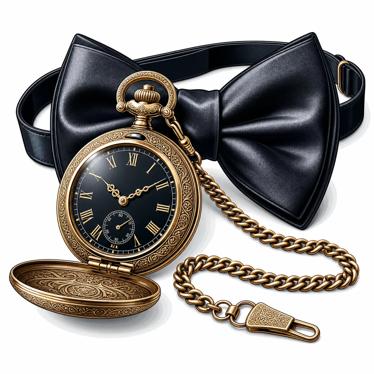 Groom luxury pocket watch and silk bow tie, detailed vector